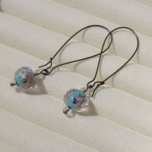 Handmade Burnished Brass Blue & Pink Rose Drop Earrings Kidney Wires Boho Look
